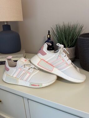 NMD Adidas White Sneakers with Pink Trim